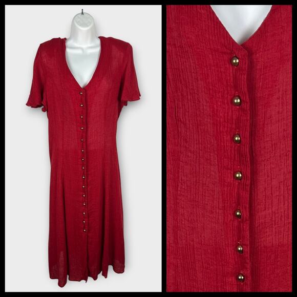 90s Red Rayon Crepe Flutter Sleeve Button Front Tie Corset Back Maxi Dress L/XL - Picture 1 of 8